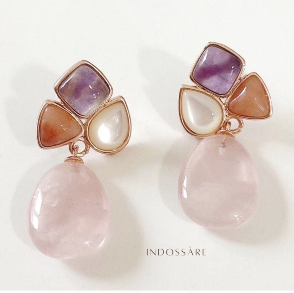 Rose Quartz Teardrop Amethyst Dangle Statement Earrings